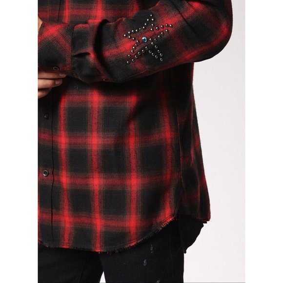 $228 Diesel Men’s Prof Shirt Long Sleeves Red Black Check Size XL - Picture 5 of 7
